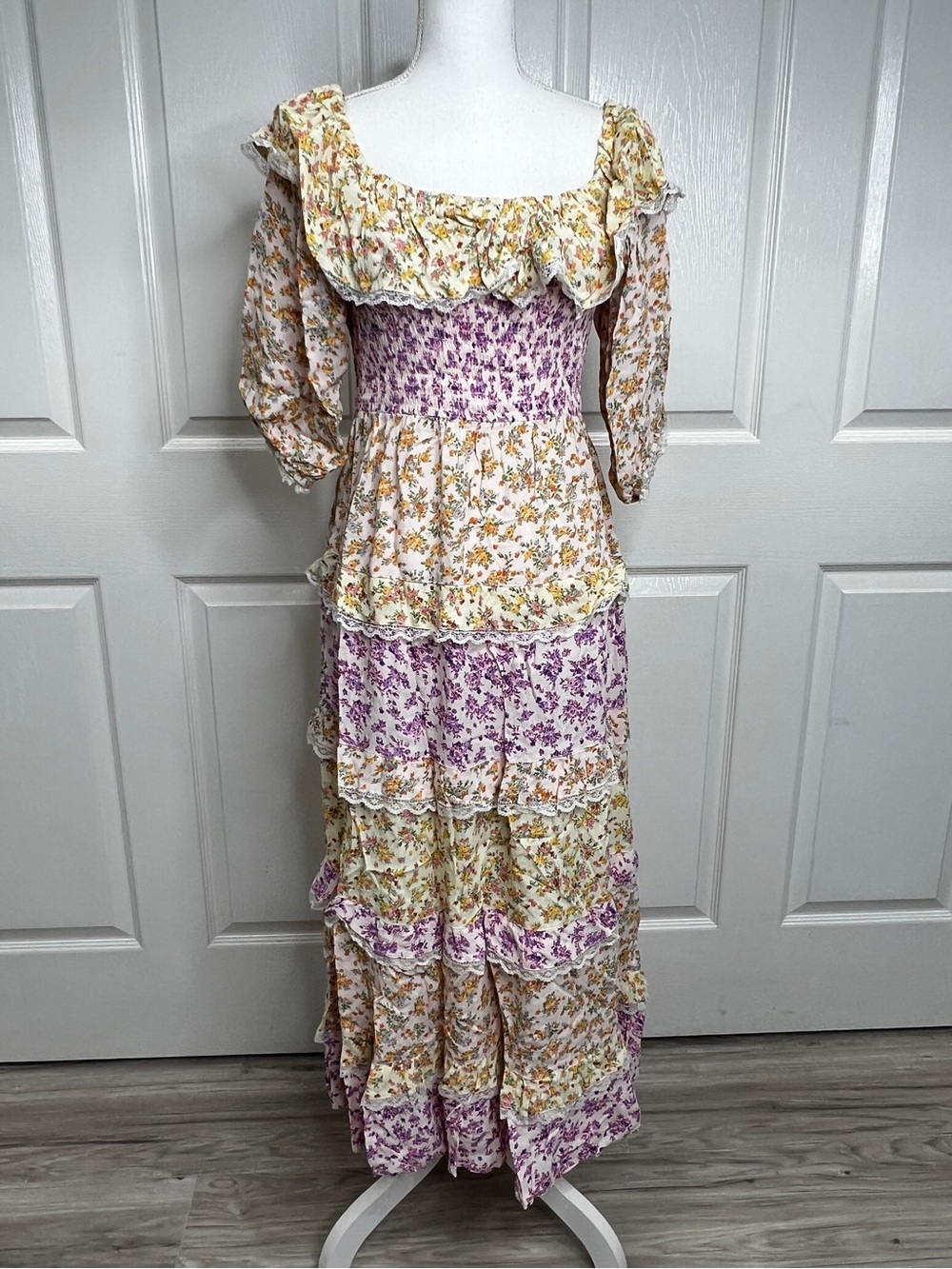 Miss Selfridge Multi Mix Ditsy Printed Tiered Frill Bardot Maxi Dress Size 6